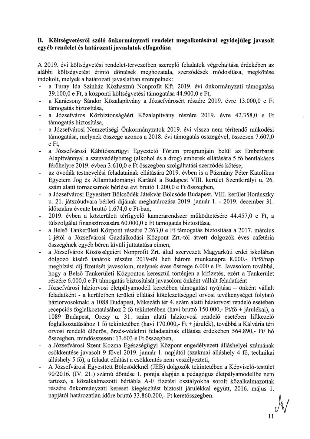B. Költségvetésről szóló önkormányzati rendelet megalkotásával egyidejűleg javasolt egyéb rendelet és határozati javaslatok elfogadása A 2019.