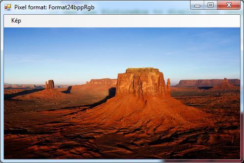 private: System::Void beolvasástoolstripmenuitem_click( System::Object^ sender, System::EventArgs^ e) { try {// Az image. image = gcnew Bitmap( "C:\\Users\\Public\\Pictures\\Sample Pictures\\Desert.