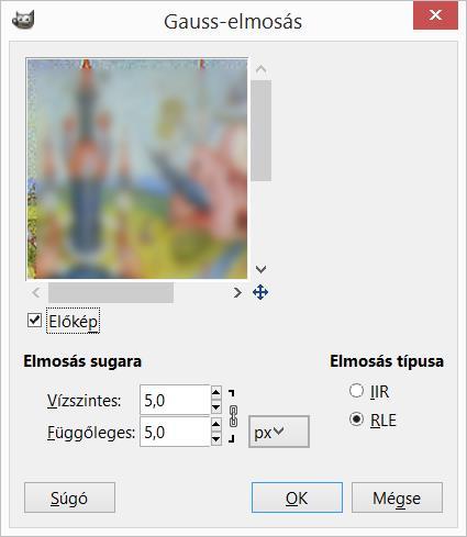 ..9.3 Gauss-elmosás / Gaussian Blur Filters Blur Gaussian Blur / Szűrők Elmosás Gauss-elmosás Minden (vagy a kiválasztott) pixel(ek) helyére beállítható méretű környezet súlyozott