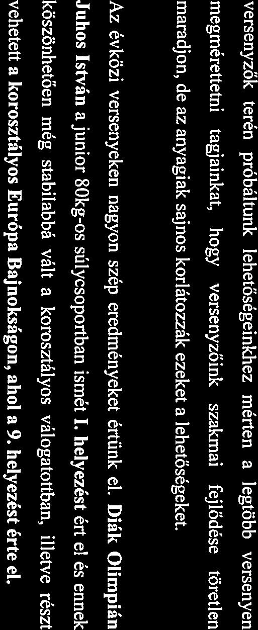 Az évközi versenyeken ngyon Szép eredményeket értünk el. Diák Olimpián Juhos István junior 80kg-os súlyesoportbn ismét I.