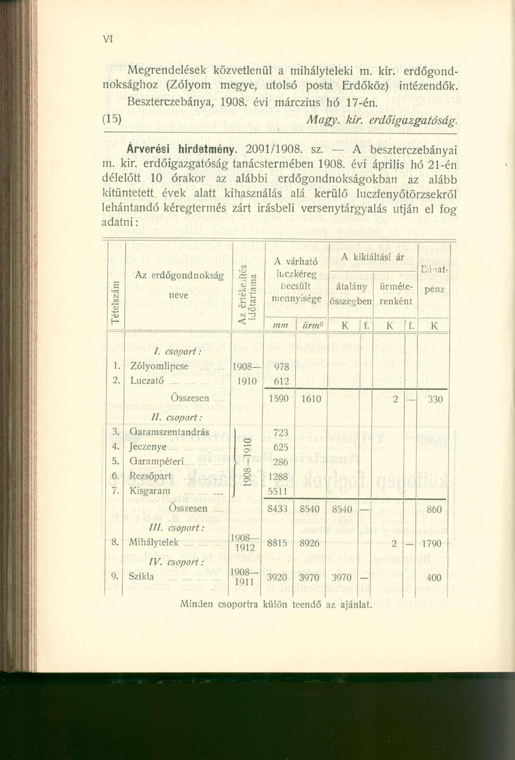 Megrendelések közvetlenül a mihályteleki m. kir. erdőgondnoksághoz (Zólyom megye, utolsó posta Erdőköz) intézendők. Beszterczebánya, 1908. évi márczius hó 17-én. (15) Magy. kir. erdőigazgatóság.