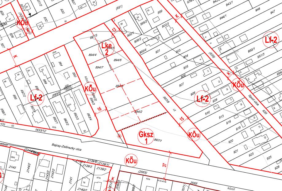 szomszédos kertvárosias lakóterület Lke2 építési övezetébe sorolt 894/2 hrsz-ú telekhez (ma egy része településgazdálkodási telephely) egy keskeny területsáv csatolandó (min.