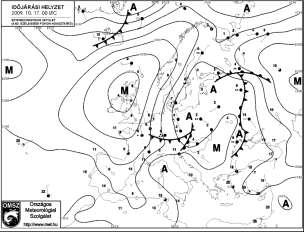 2. ábra Az európai időjárási helyzet és a légkör vertikális állapota 2009. október 17-én 00 UTC-kor. Forrás: http://www.met.hu és http://weather.uwyo.edu/upperair/europe.