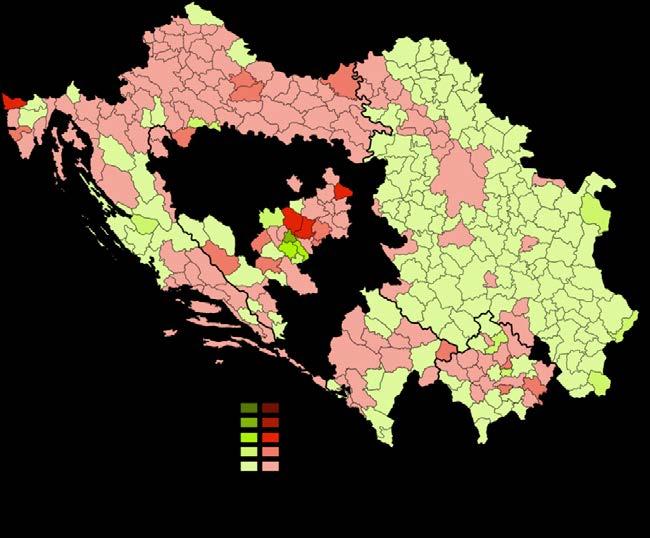 A területi vizsgálatok kapcsán azt is megállapítottuk, hogy bizonyos területeken nincs jelentős változás a két évtized folyamatai között: folytatódik a homogenizáció (Pannon Horvátország nagy részén,