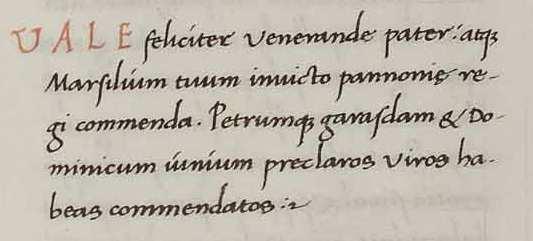 A Váradinak szóló üdvözlés (Cod. Guelf. 12 Aug. 4 ) Az időben következő, 1484. október 1-ei dátumú, 815 G 2-kéziratban viszont már rontást találunk és Gazoldo grófjának szól az ajánlás.