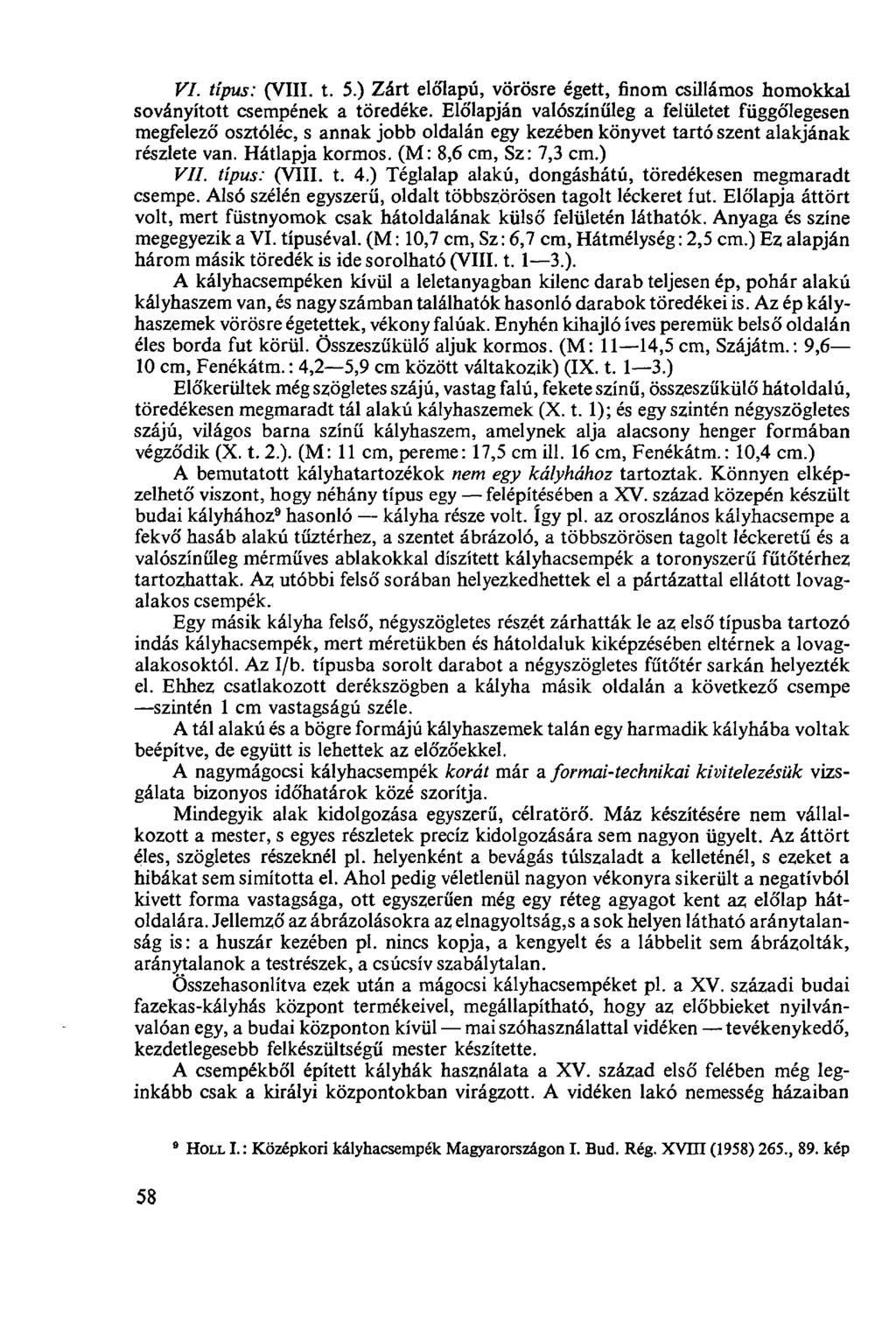 VI. típus: (VIII. t. 5.) Zárt előlapú, vörösre égett, finom csillámos homokkal soványított csempének a töredéke.
