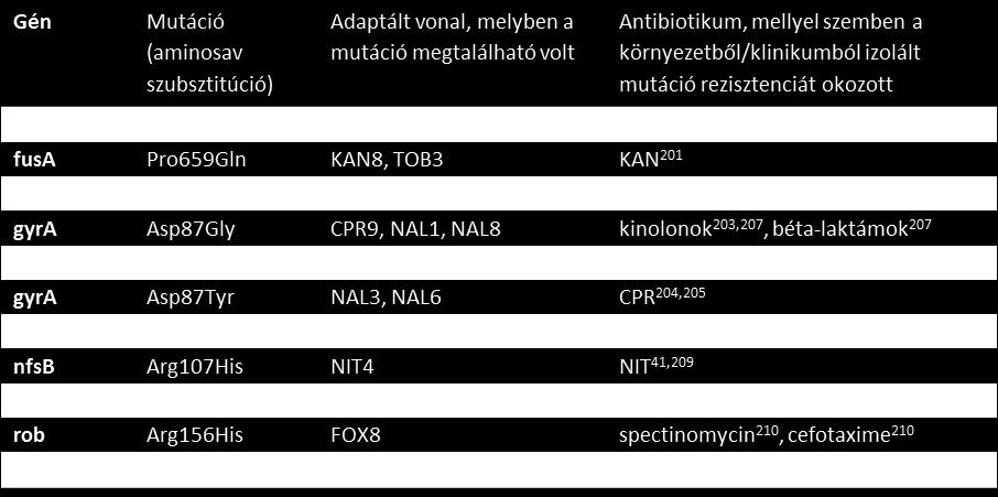 A laboratóriumi evolúció végpontjában azonosított mutációk átfedése a klinikumból és környezeti mintákból izolált rezisztens törzsekben talált genomi mutációkkal.