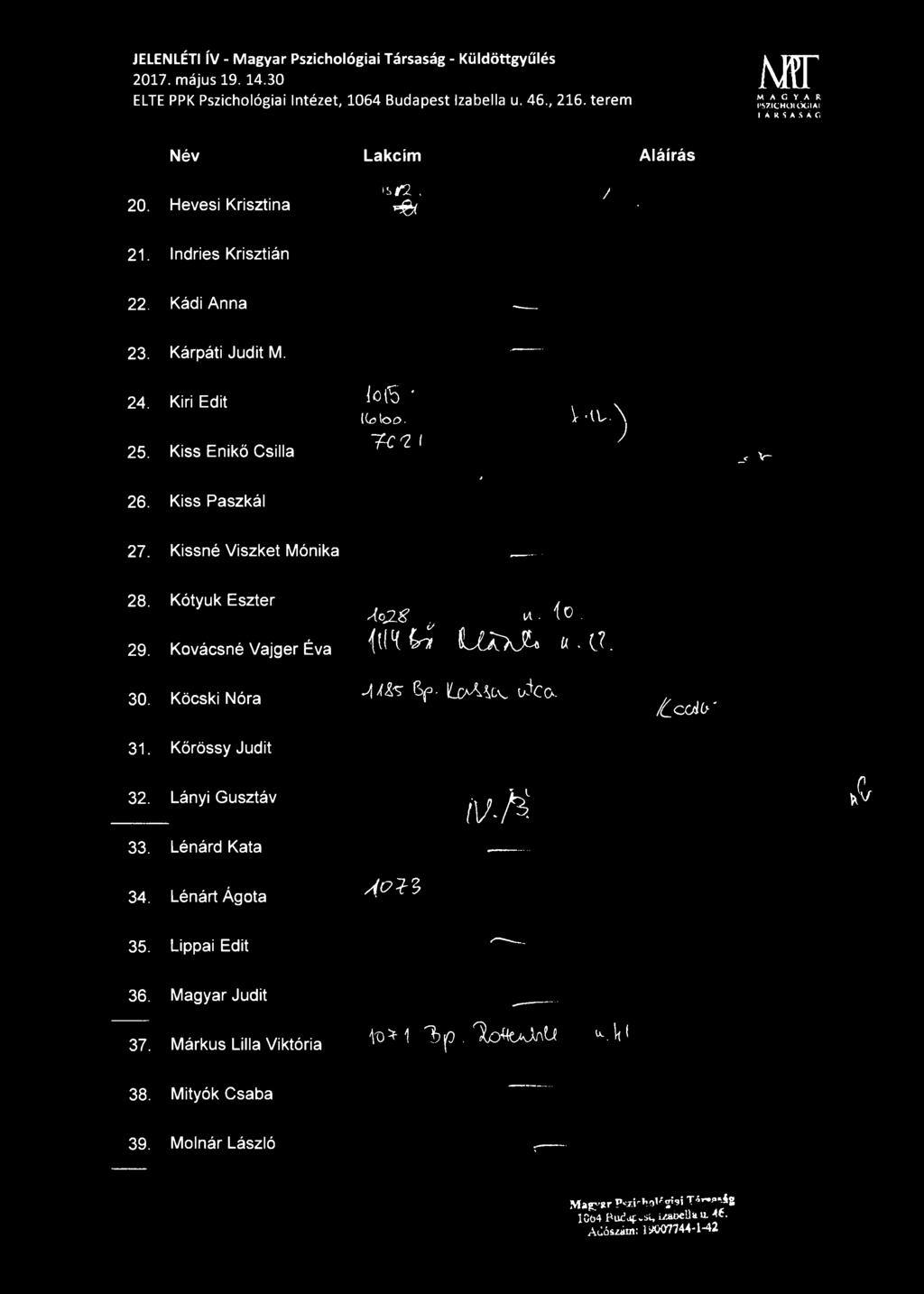 V ' t V - \ Csilla 25. Kiss Enikő 7c v i ) 26. Kiss Paszkál * _< v- 27. Kissné Viszket Mónika ------ 28. Kótyuk Eszter Aojz ia t o. 29. Kovácsné Vajger Éva p r K L ü ^ j l «. a. 30.