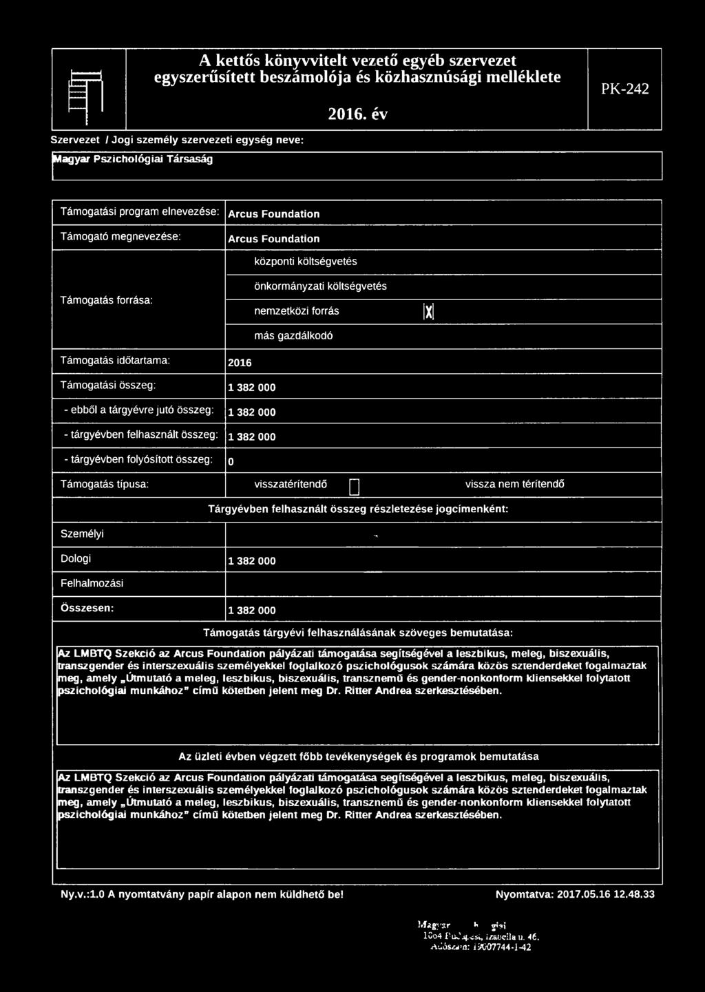 382 000 - ebből a tárgyévre jutó összeg: 1 382 000 - tárgyévben felhasznált összeg: 1 382 000 - tárgyévben folyósított összeg: 0 Támogatás típusa: visszatérítendő Q vissza nem térítendő Tárgyévben