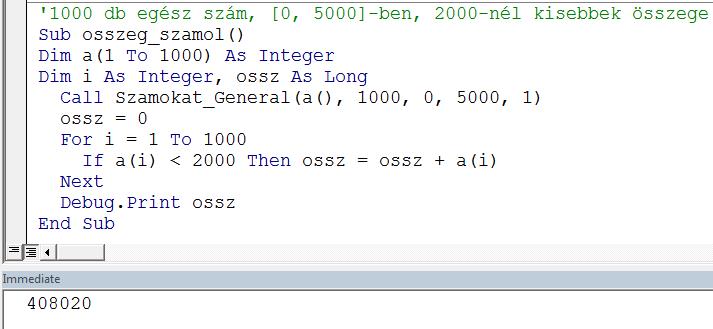 VBA A Szamokat_General szubrutin segítségével generáljunk 1000 db egész számot a [0, 5000] intervallumban 1-es Seed értékkel, majd határozzuk meg a 2000-nél kisebb adatok összegét!