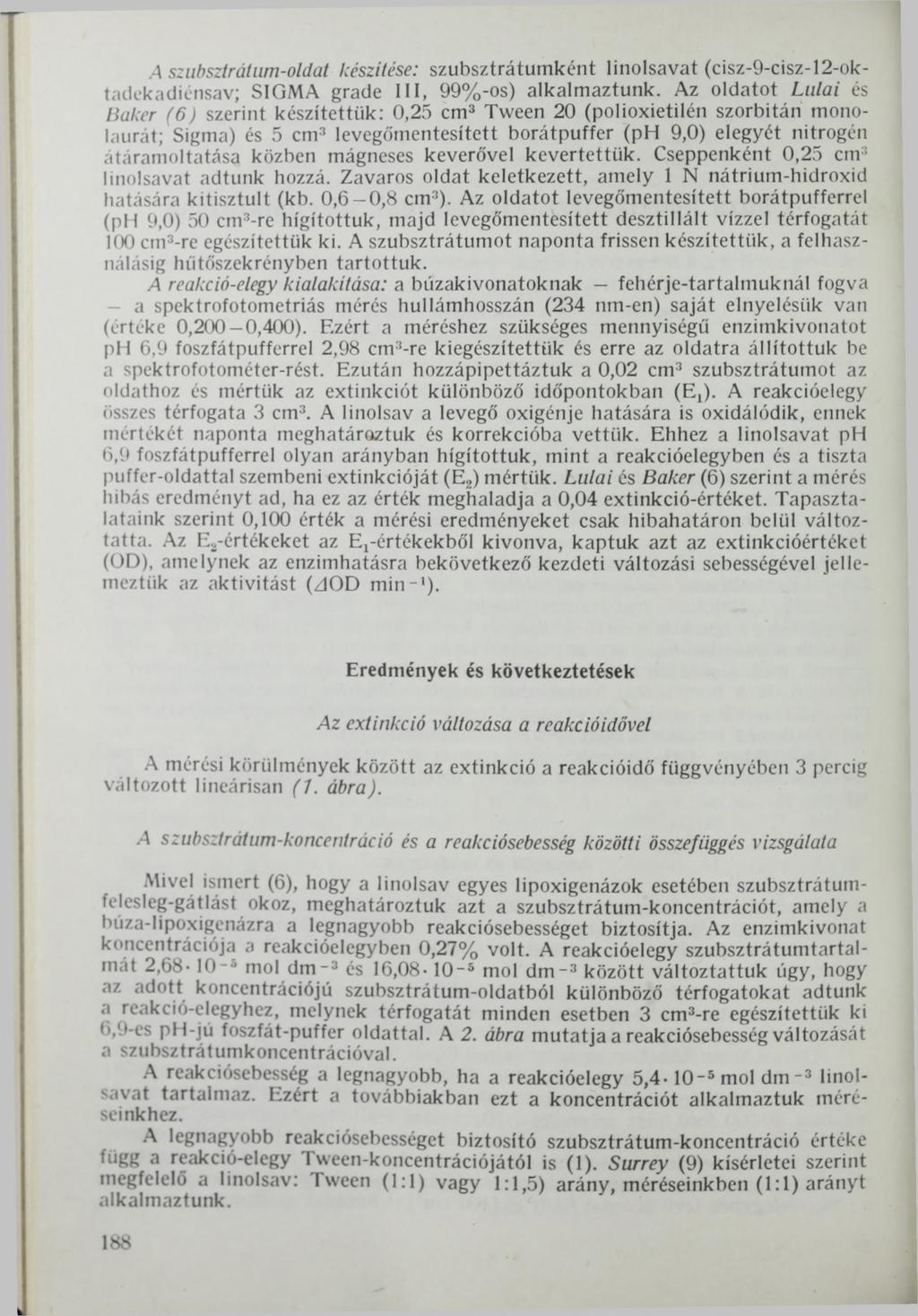 A sziibsztrálnm-oldat készítése: szubsztrátumként linolsavat (cisz-9-cisz-12-oktadekadiénsav; SIGMA grade III, 99%-os) alkalmaztunk.