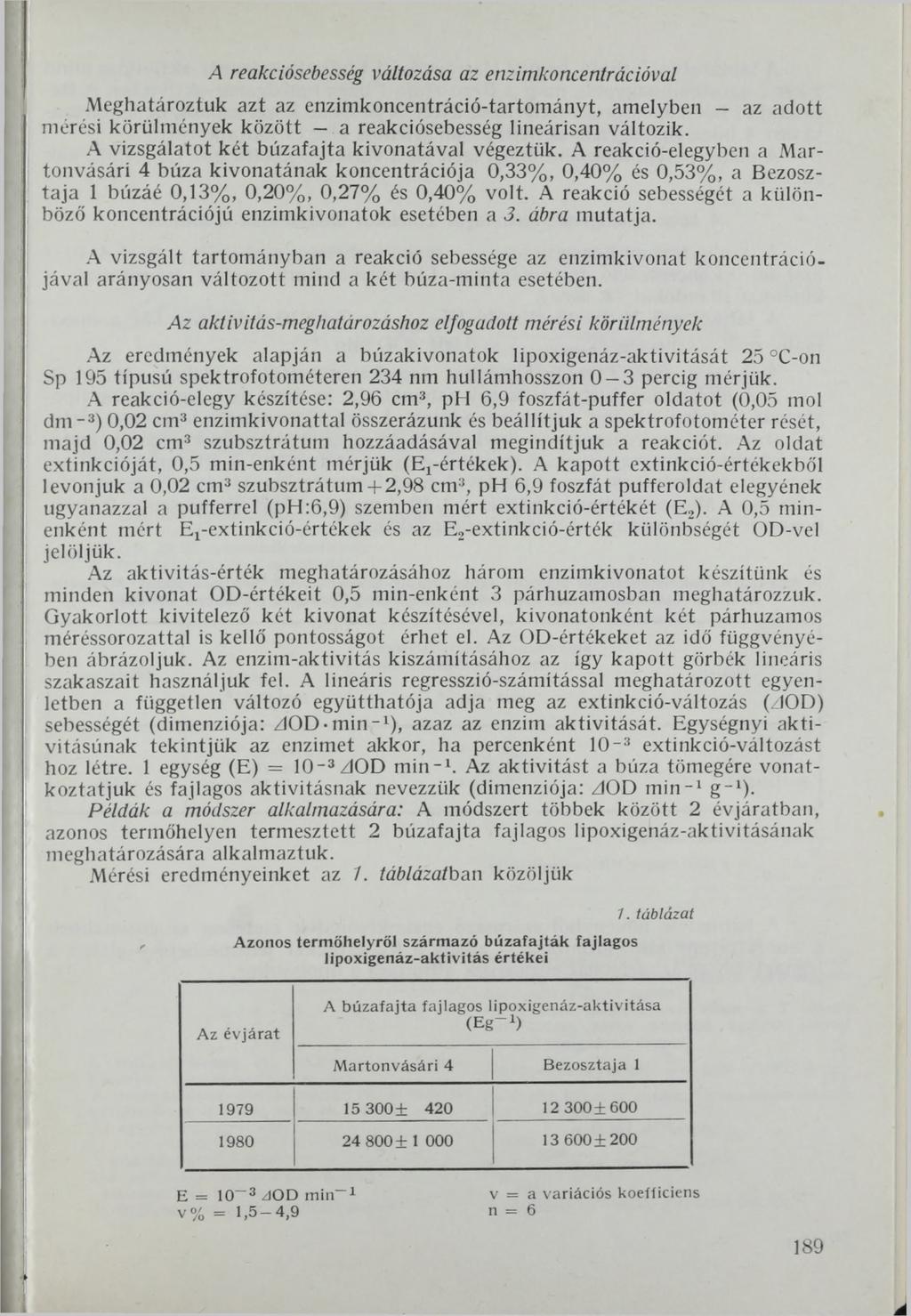 A reakciósebesség változása az enzimkoncentrációval Meghatároztuk azt az enzimkoncentráció-tartományt, amelyben - az adott mérési körülmények között a reakciósebesség lineárisan változik.