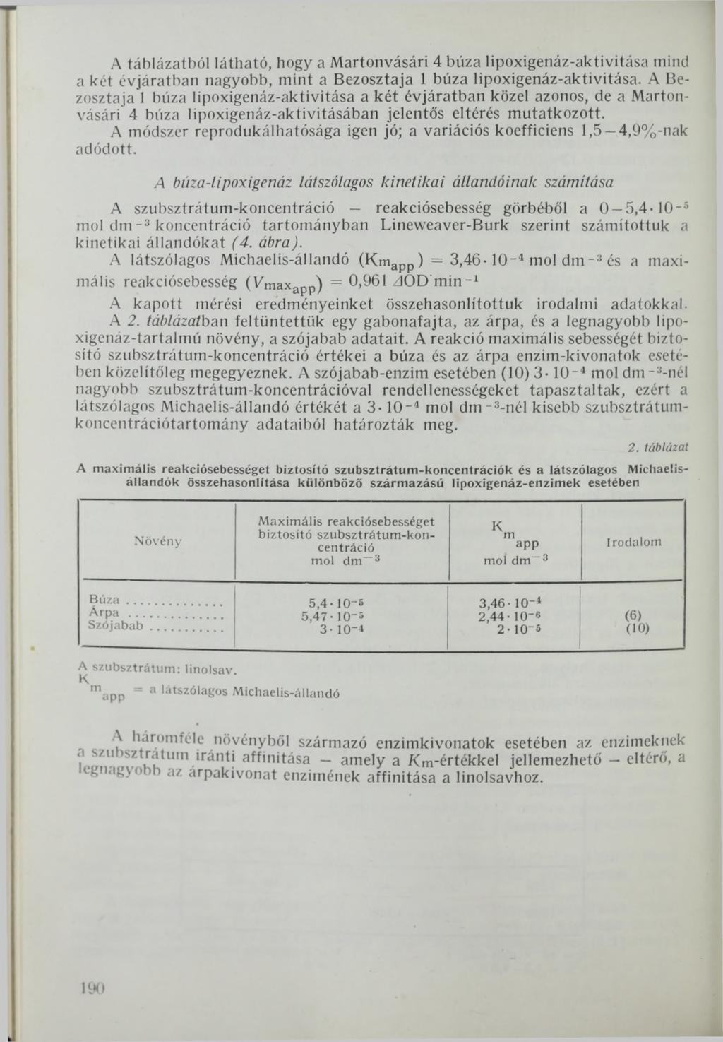 A táblázatból látható, hogy a Martonvásári 4 búza lipoxigenáz-aktivitása mind a kot évjáratban nagyobb, mint a Bezosztaja 1 búza lipoxigenáz-aktivitása.
