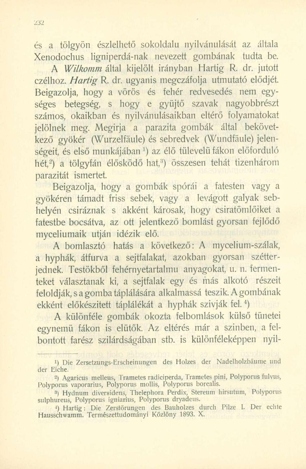 és a tölgyön észlelhető sokoldalú nyilvánulását az általa Xenodochus ligniperdá-nak nevezett gombának tudta be. A Wilkomm által kijelölt irányban Hartig R. dr. jutott czélhoz. Hartig R. dr. ugyanis megczáfolja útmutató elődjét.