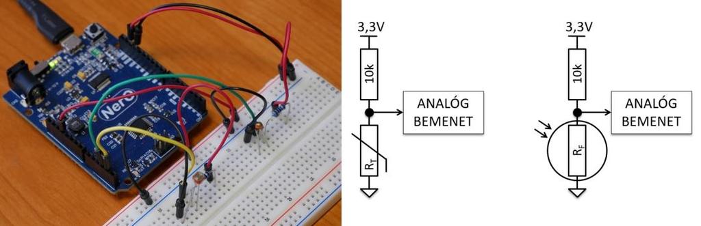 Műszaki informatikai megoldások a modern középiskolai oktatásban 7. ábra: Termisztor (hőmérsékletfüggő ellenállás) és fotocella (fényérzékeny ellenállás) szenzorok áramköri kapcsolása próbapanelen.