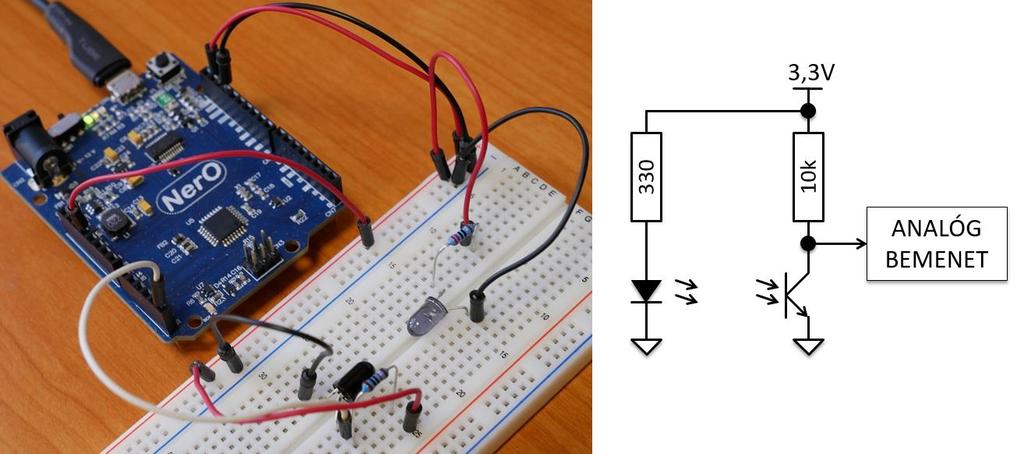 ábra: Infra LED-ből és fototranzisztorból felépített fénykapu [13,14] áthaladó tárgyak detektálásához.