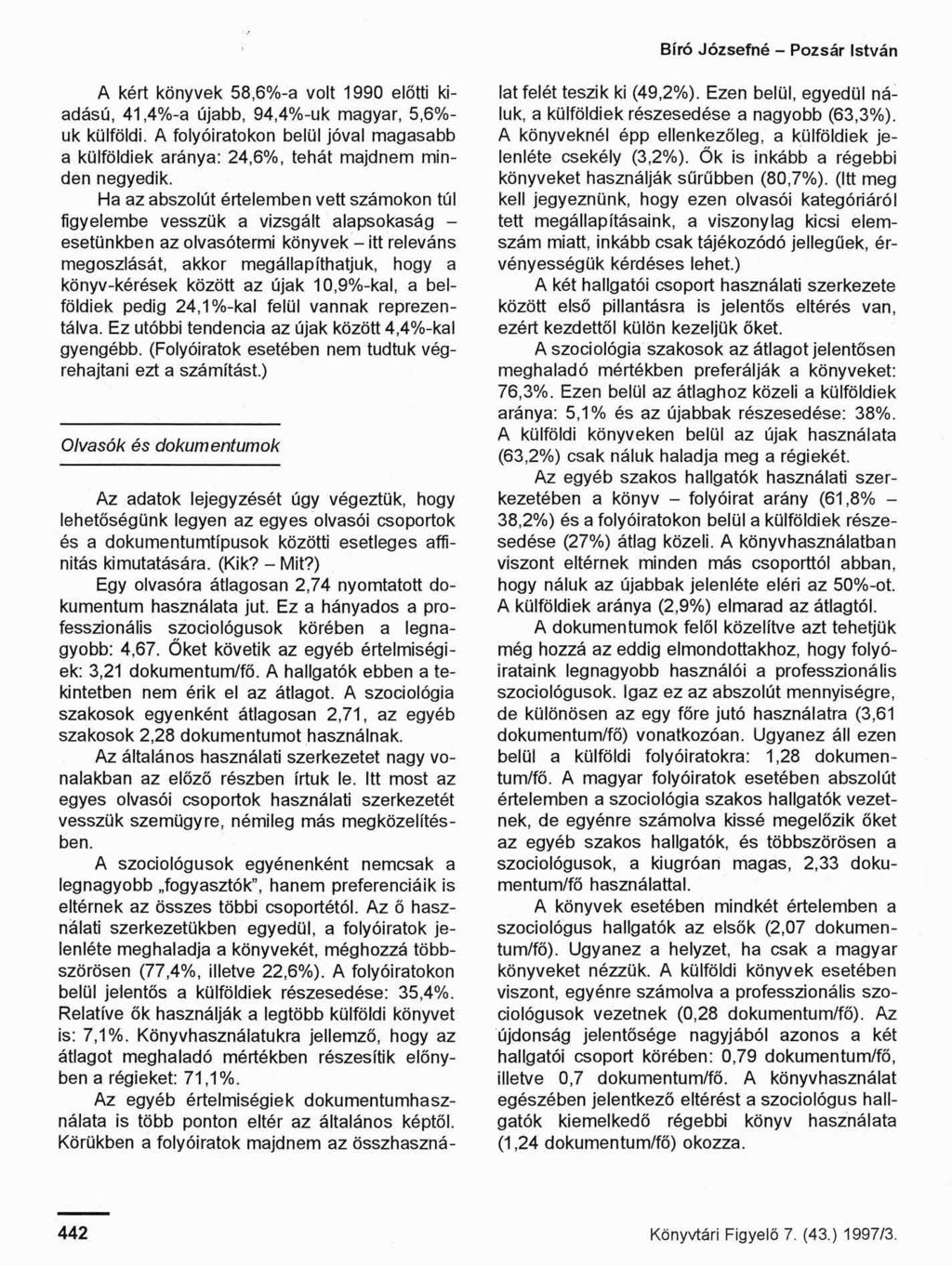 Bíró Józsefné - Pozsár István A kért könyvek 58,6%-a volt 1990 előtti kiadású, 41,4%-a újabb, 94,4%-uk magyar, 5,6%- uk külföldi.