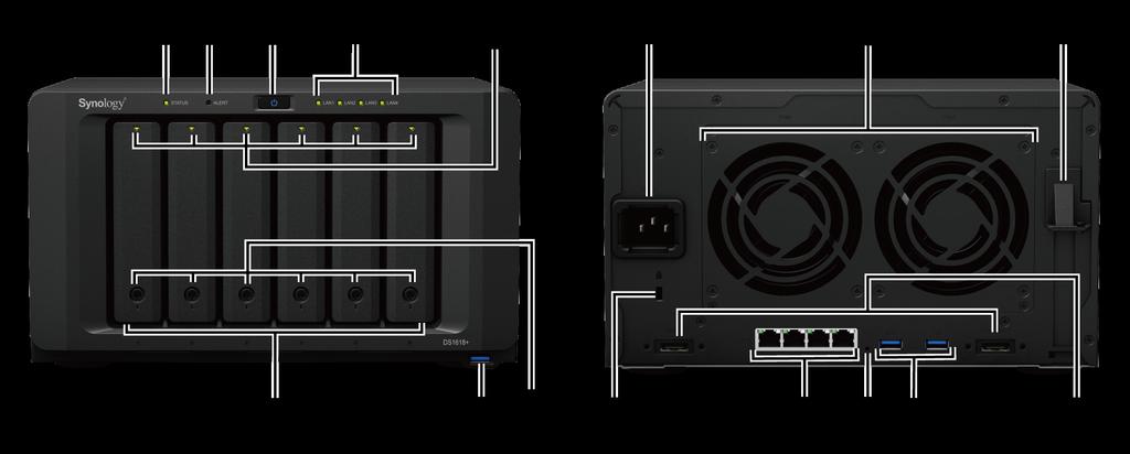 A Synology DiskStation áttekintése Sorszám Elem neve Hely Leírás 1 Állapotjelző 2 Riasztásjelző 3 Tápkapcsoló gomb 4 LAN-jelző 5 Meghajtóállapot-jelző 6 Meghajtótálca 7 Elülső USB 3.