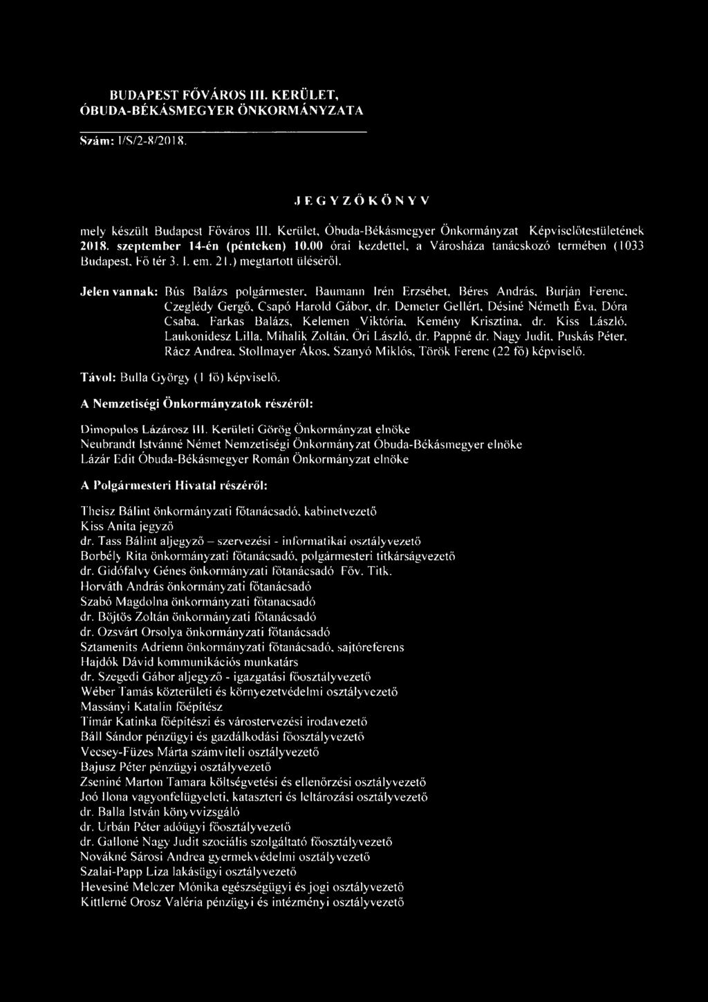 ) megtartott üléséről. Jelen vannak: Bús Balázs polgármester, Baumann Irén Erzsébet, Béres András, Burján Ferenc. Czeglédy Gergő, Csapó Harold Gábor, dr.