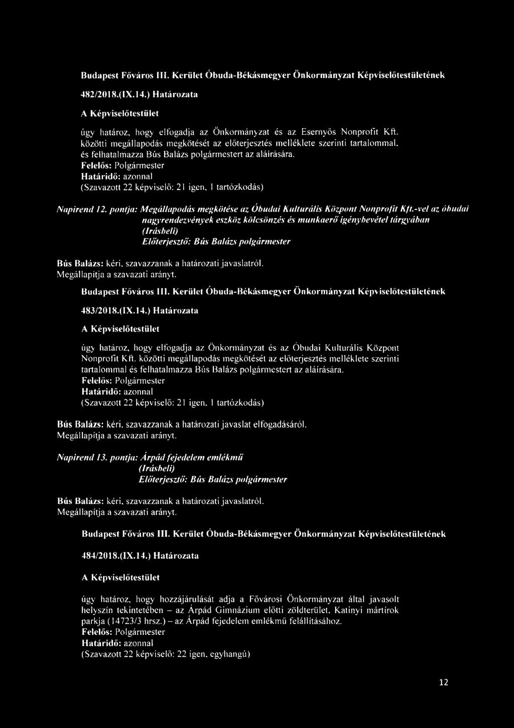 Felelős: Polgármester (Szavazott 22 képviselő: 21 igen, 1 tartózkodás) Napirend 12. pontja: Megállapodás megkötése az Óbudai Kulturális Központ Nonprofit Kft.