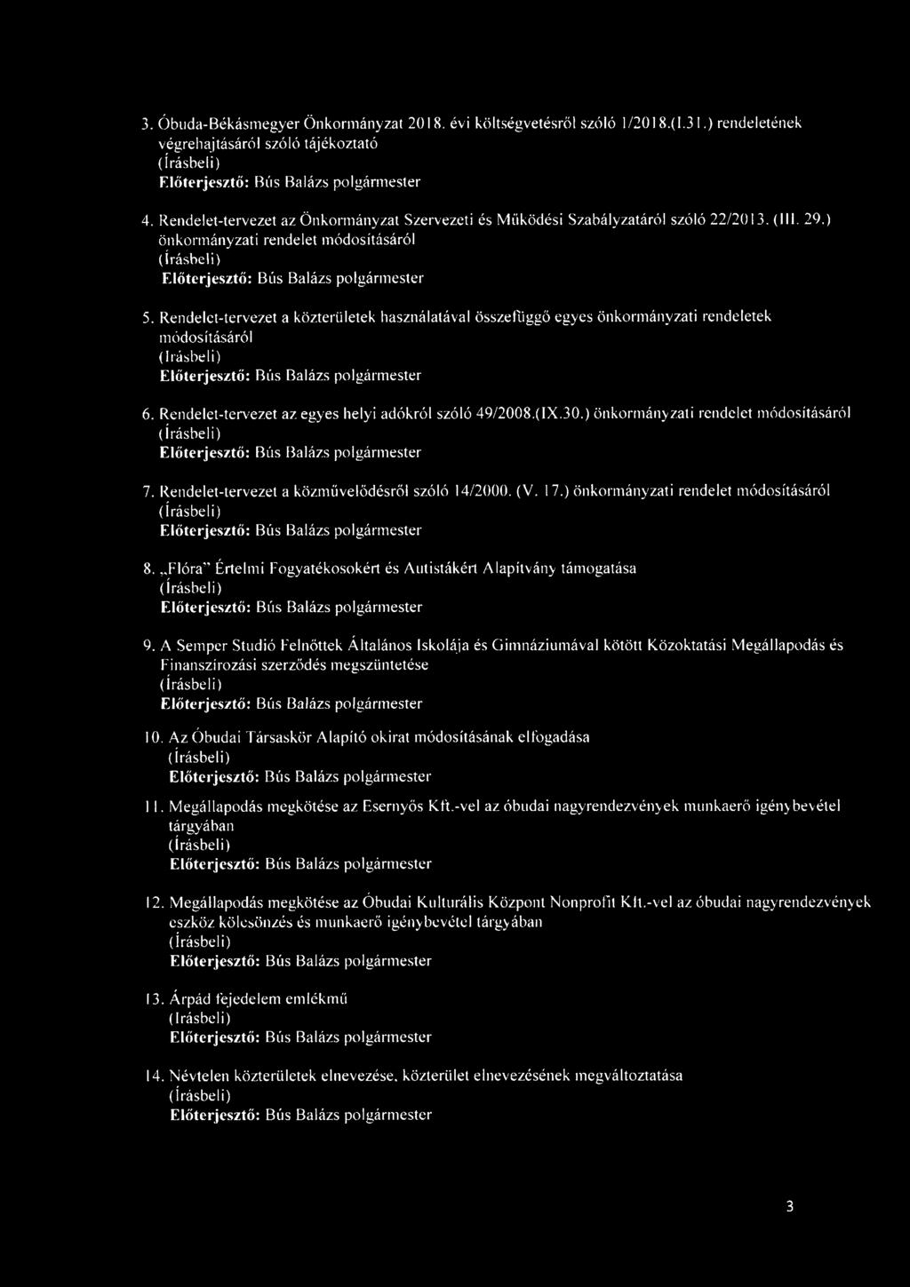 Rendelet-tervezet a közterületek használatával összefüggő egyes önkormányzati rendeletek módosításáról 6. Rendelet-tervezet az egyes helyi adókról szóló 49/2008.(IX.30.