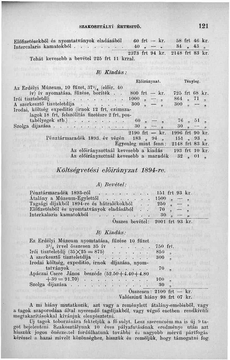 SZAKOSZTÁLYI ÉRTESÍTŐ. 121 Előfizetésekből és nyomtatványok eladásából 60 frt kr. 58 frt 46 kr. Intercalaris kamatokból 40. 34 43.. 2373 frt 94 kr. 2148 frt 83 kr.