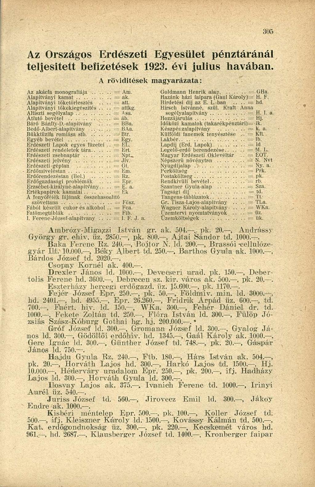 Az Országos Erdészeti Egyesület pénztáránál teljesitett befizetések 1923. évi július havában. Az akácfa monográfiája = Am. Alapítványi kamat = ak. Alapítványi töketörlesztés.... = att.