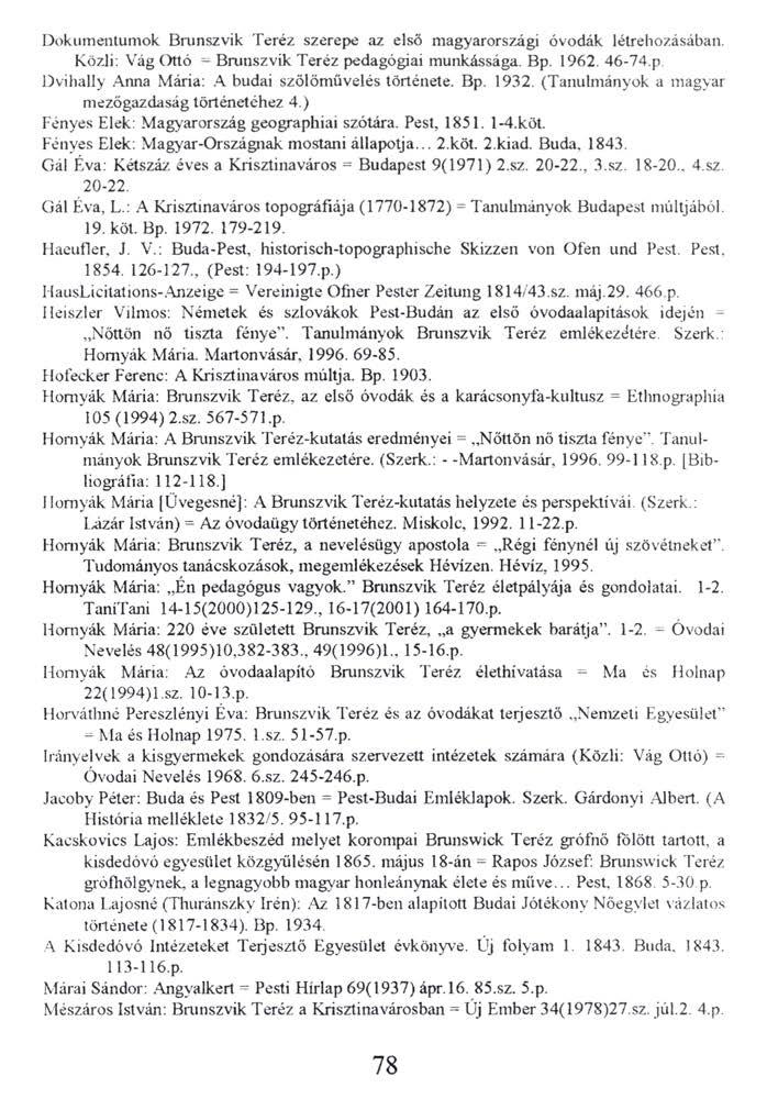 Dokumentumok Brunszvik Teréz szerepe az első magyarországi óvodák létrehozásában. Közli: Vág Ottó - Brunszvik Teréz pedagógiai munkássága. Bp. 1962. 46-74.