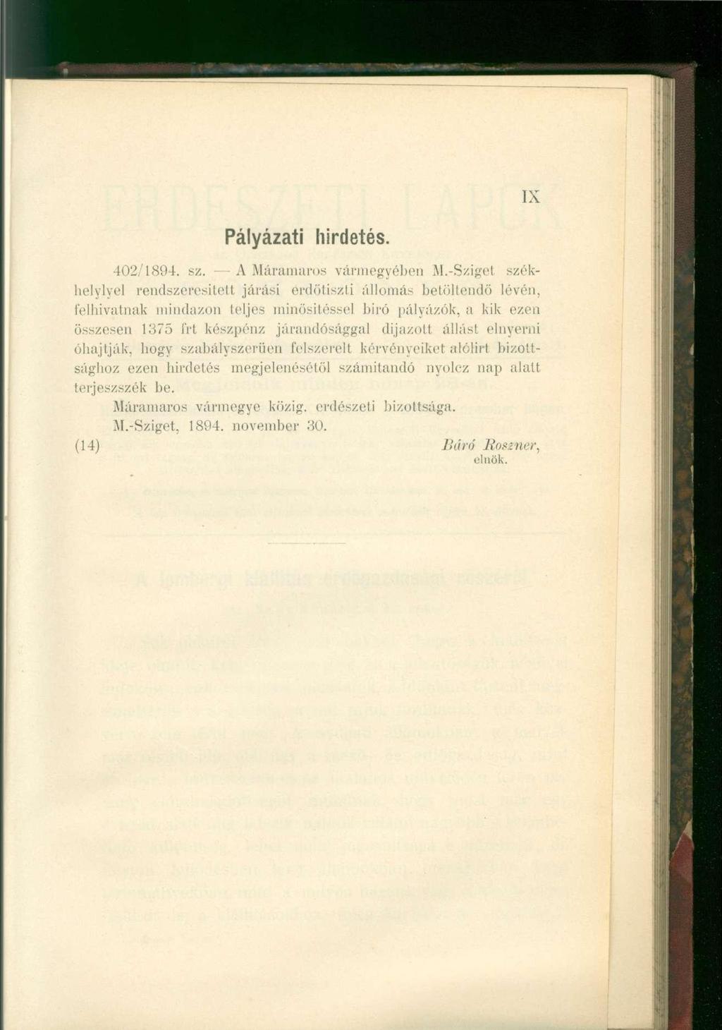 IX Pályázati hirdetés. 402/1894. sz. A Máramaros vármegyében M.