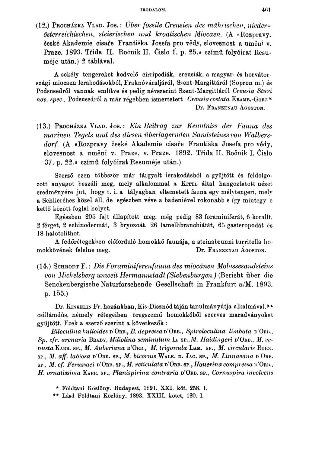 IRODALOM. (12.) P r o c h á z k a V la d. J o s.: Über fossile Creusien des mährischen, niederösterreichischen, steierischen und kroatischen Miocaen. (A «Rozpravy.