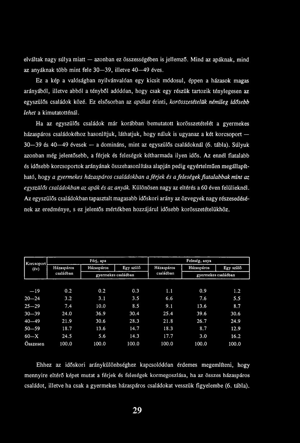 mint az egyszülős családoknál (6. tábla). Súlyuk azonban még jelentősebb, a férjek és feleségek kétharmada ilyen idős.
