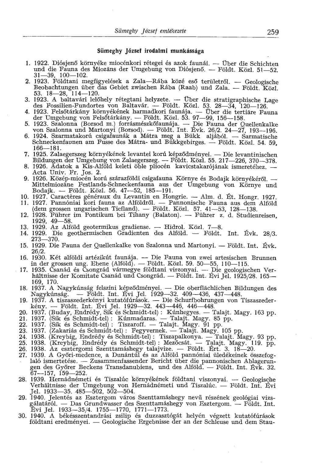 Sümeghy József emlékezete 259 Sümeghy József irodalmi munkássága 1. 1922. Diósjenő környéke miocénkori rétegei és azok faunái. Über die Schichten und die Fauna des Miozäns der Umgebung von Diósjenő.