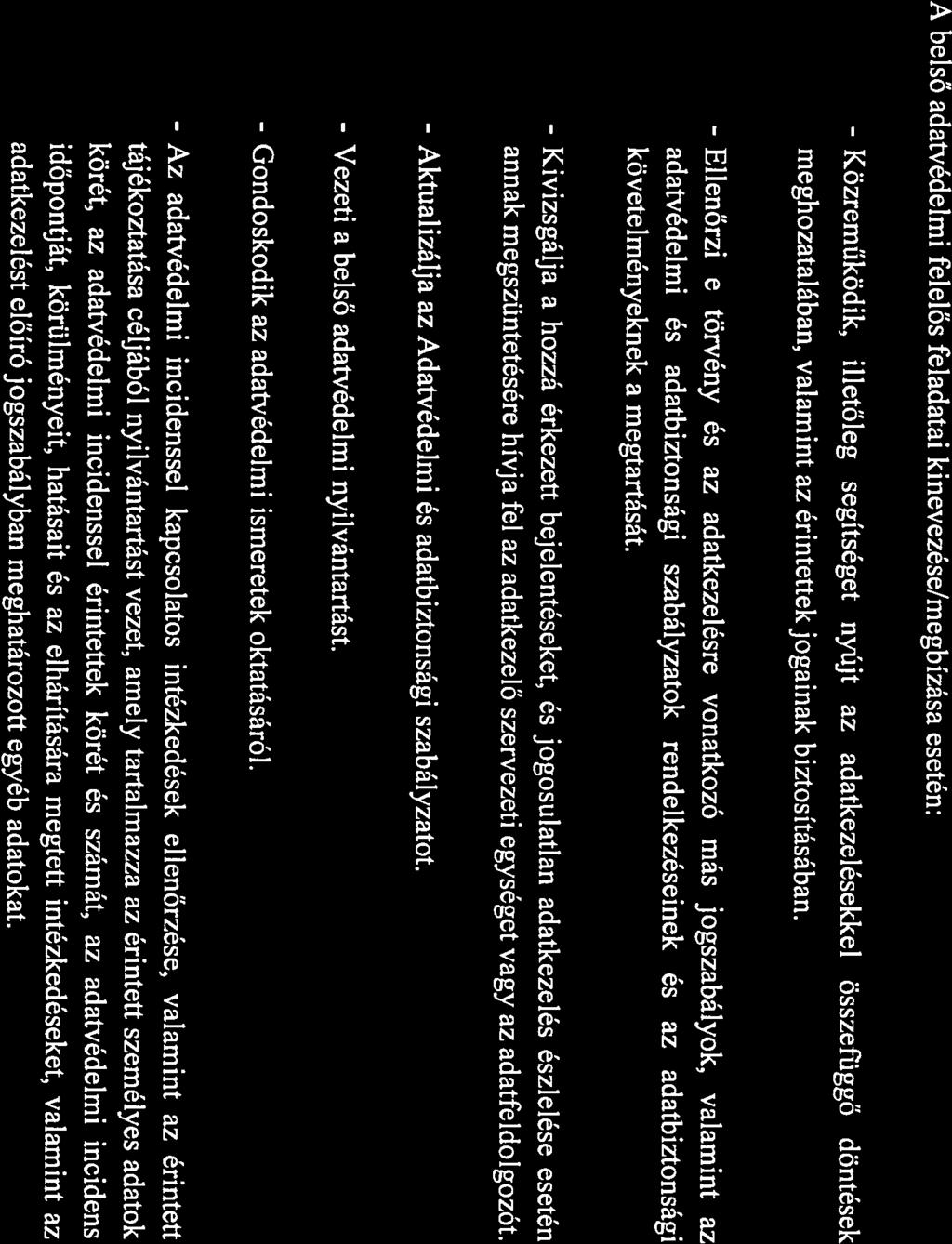 - Kivizsgálja - Közreműködik, - Ellenőrzi illetőleg segítséget nytjt az adatkezelésekkel összefüggő döntések meghozatalában, valamint az