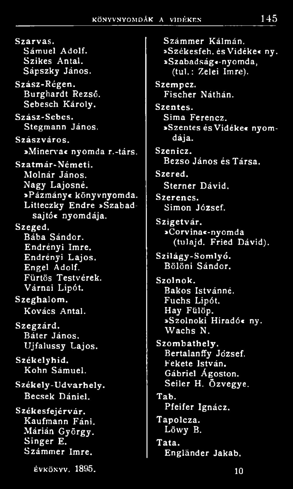 Fürtös Testvérek. Várnai Lipót. Szeghalom. Kovács Antal. Szegzárd. Báter János. Ujfalussy Lajos. Székelyhid. Kohn Sámuel. Székely-U dvarhely. Becsek Dániel. Székesfejérvár. Kaufmann Fáni.