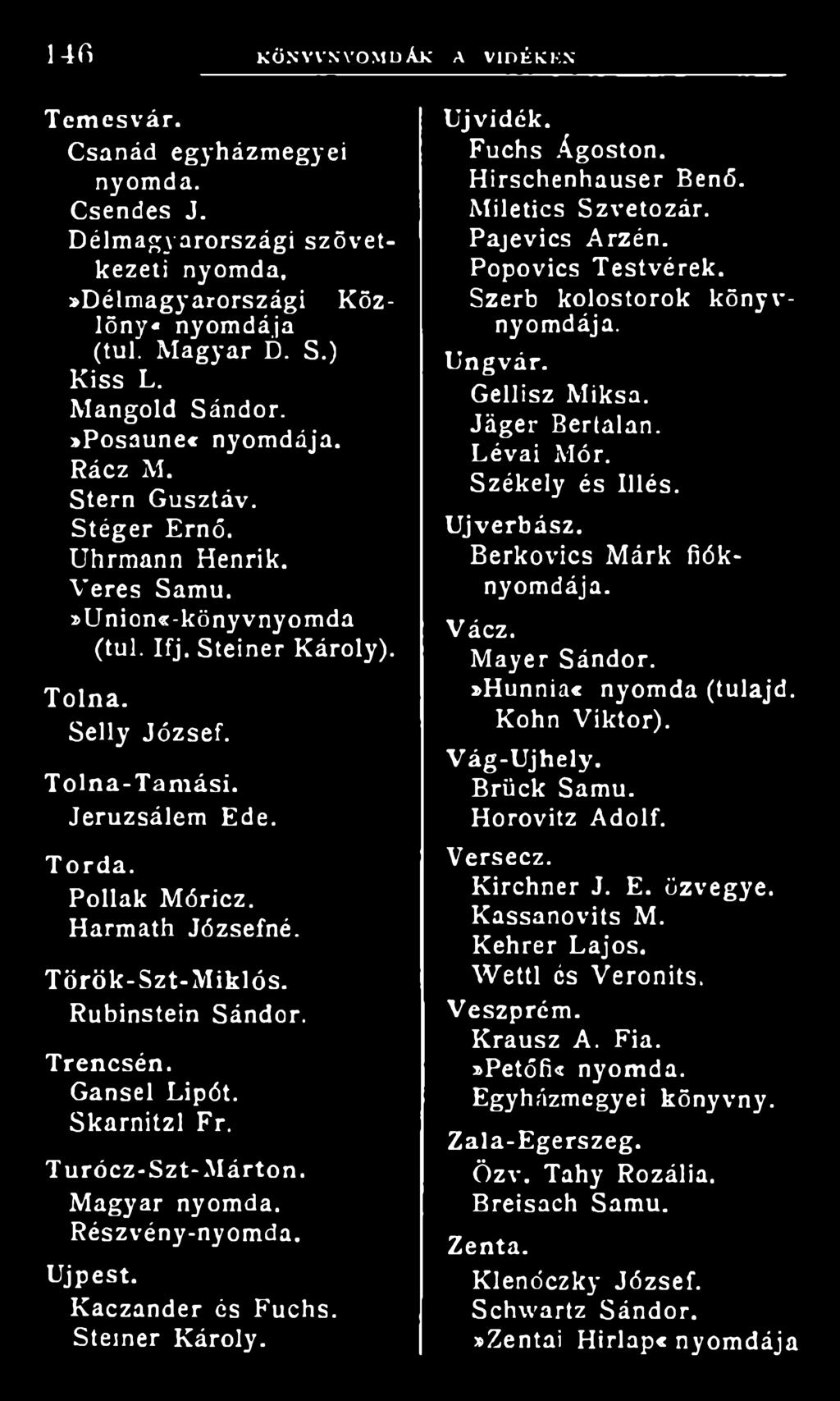 Pollak Móricz. Harmath Józsefné. Török-Szt-M iklós. Rubinstein Sándor. Trencsén. Gansel Lipót. Skarnitzl Fr. Turócz-Szt-M árton. Magyar nyomda. Részvény-nyomda. Újpest. Kaczander és Fuchs.