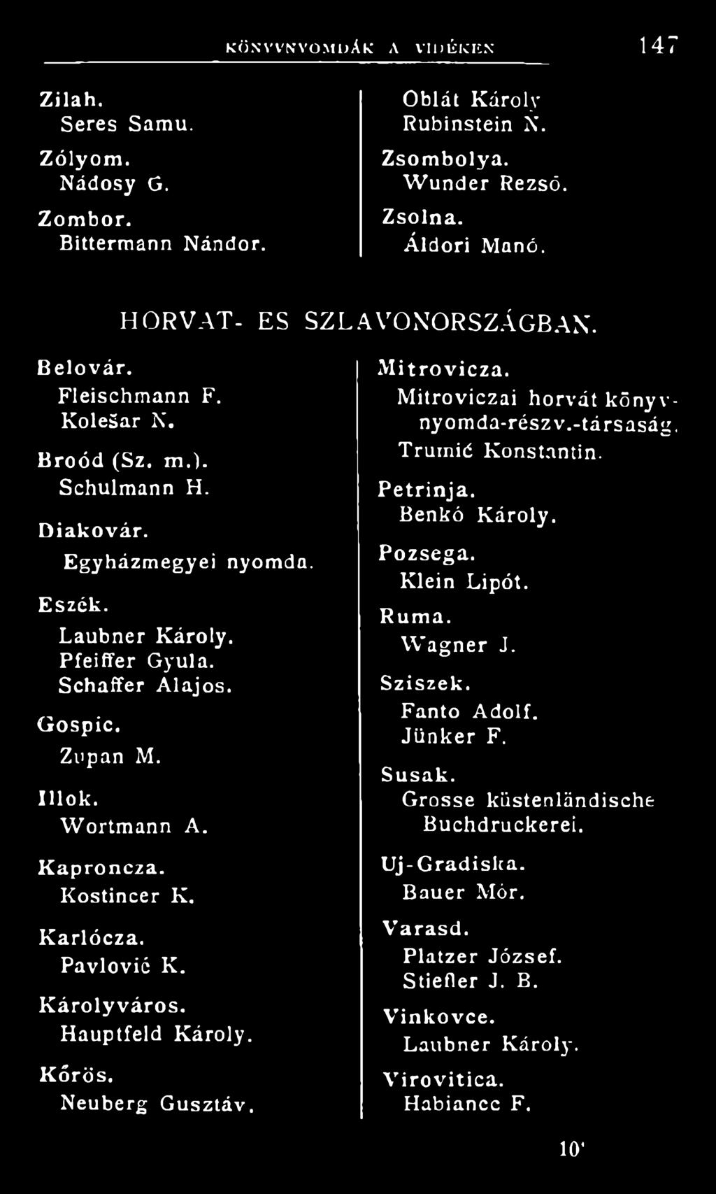 Illők. W ortmann A. K aproncza. Kostincer K. Karlócza. Pavlovié K. K árolyváros. Hauptfeld Károly. K őrös. Neuberg Gusztáv. M itrovicza. Mitroviczai horvát könyvnyomda-rész v.