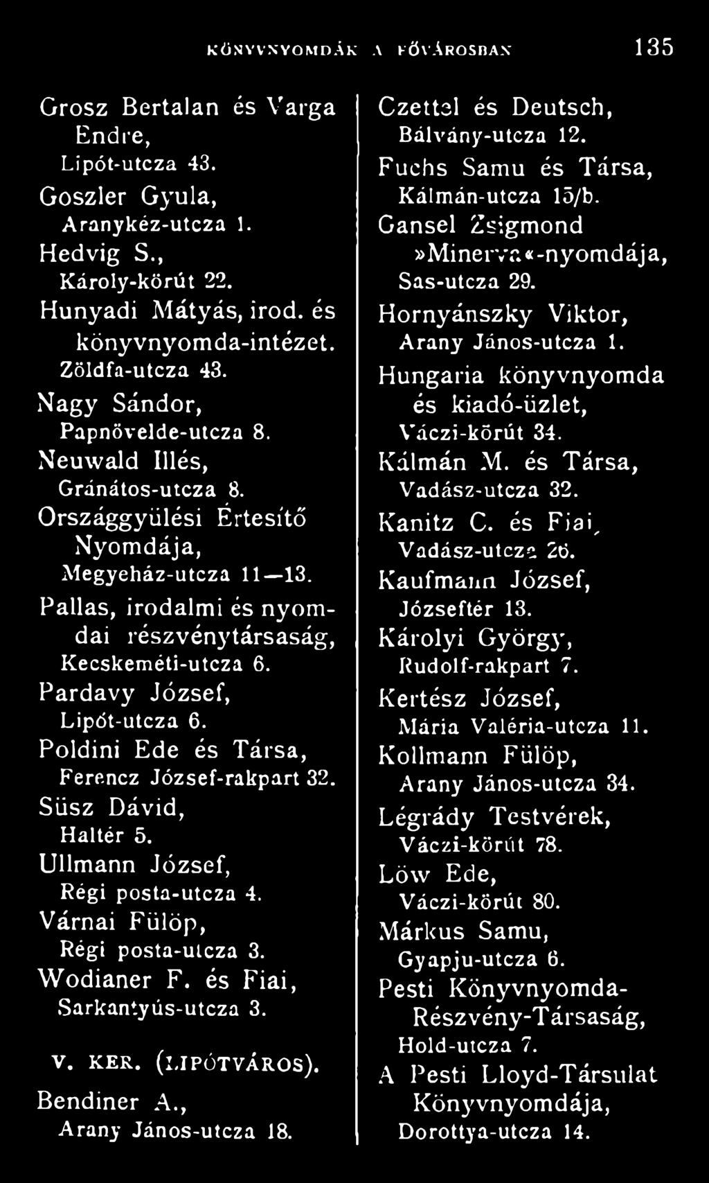 Pallas, irodalmi és nyomdai részvénytársaság, Kecskeméti-utcza 6. Pardavy József, Lipót-utcza 6. Poldini Ede és Társa, Ferencz József-rakpart 32. Süsz Dávid, Haltér 5.