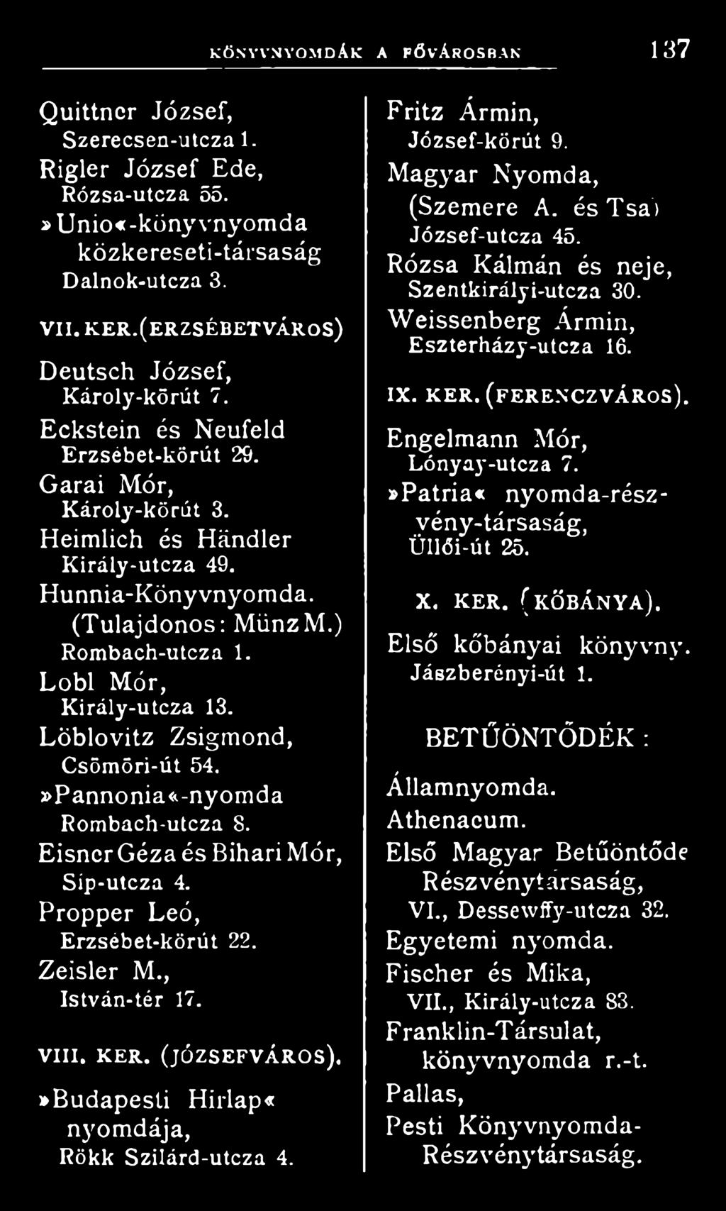 (Tulajdonos: MünzM.) Rombach-utcza 1. Lobi Mór, Király-utcza 13. Löblovitz Zsigmond, Csömöri-út 54.»Pannonia«-nyomda Rombach-utcza 8. Eisner Géza és Bihari Mór, Síp-utcza 4.