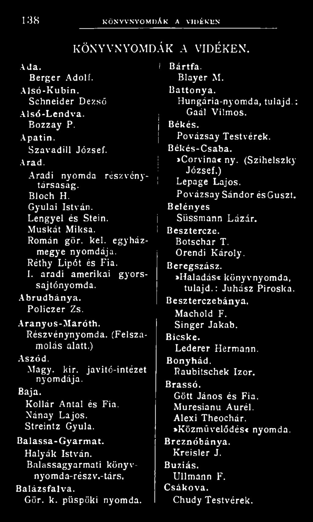 Aranyos-M aróth. Részvénynyomda. (Felszámolás alatt.) Aszód. Magy. kir. javitó-intézet Baja. Kollár Antal és Fia. Nánay Lajos. Streintz Gyula. Balassa-Gyarm at. Halyák István.