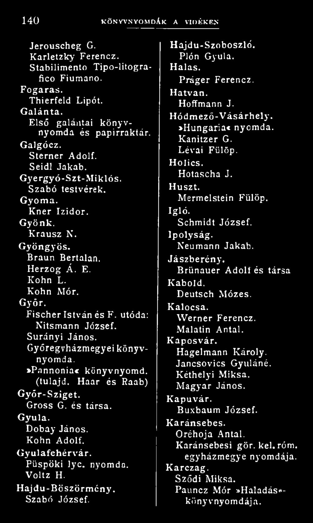 utóda: Nitsmann József. Surányi János. Győregvházmegyei könyvnyomda. >Pannonia«könyvnyomd, (tulajd. Haar és Raab) G yőr-sziget. Gross G. és társa. Gyula. Dobay János. Kohn Adolf. G yulafehérvár.