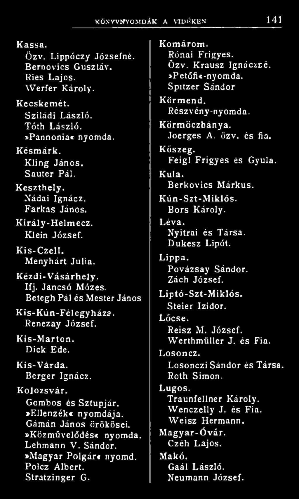 Betegh Pál és Mester János K is-k ún-félegyháza. Renezay József. Kis-M arton. Dick Ede. K is-v árda. Berger Ignácz. K olozsvár. Gombos és Sztupjár.»Ellenzék«Gámán János örökösei.»közművelődés«nyomda.