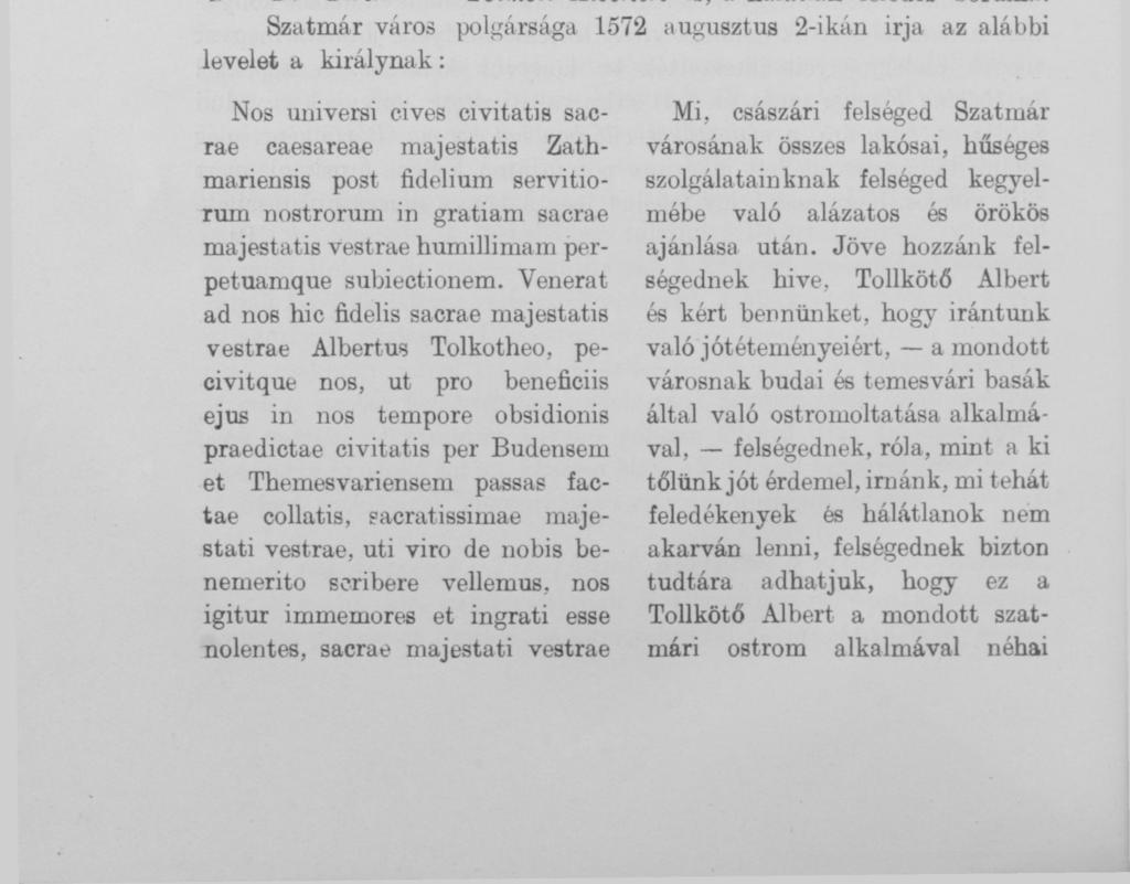 HADTÖRTÉNELMI OKMÁNYTÁR.. Tollkötő Albert, a szatmári hős. (Adat Szatmár 562-iki ostromához.