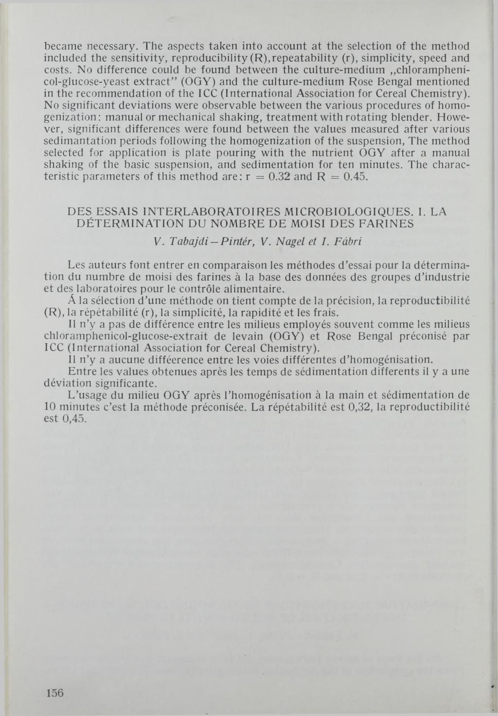 became necessary. The aspects taken into account at the selection of the method included the sensitivity, reproducibility (R),repeatability (r), simplicity, speed and costs.
