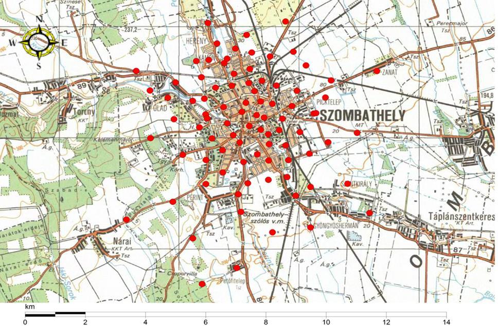 Szombathely szétterülő város szerkezete miatt 88 pontban gyűjtöttem talajmintákat a felső 0-10 és 10-20 cm-es talajrétegből (11. ábra)