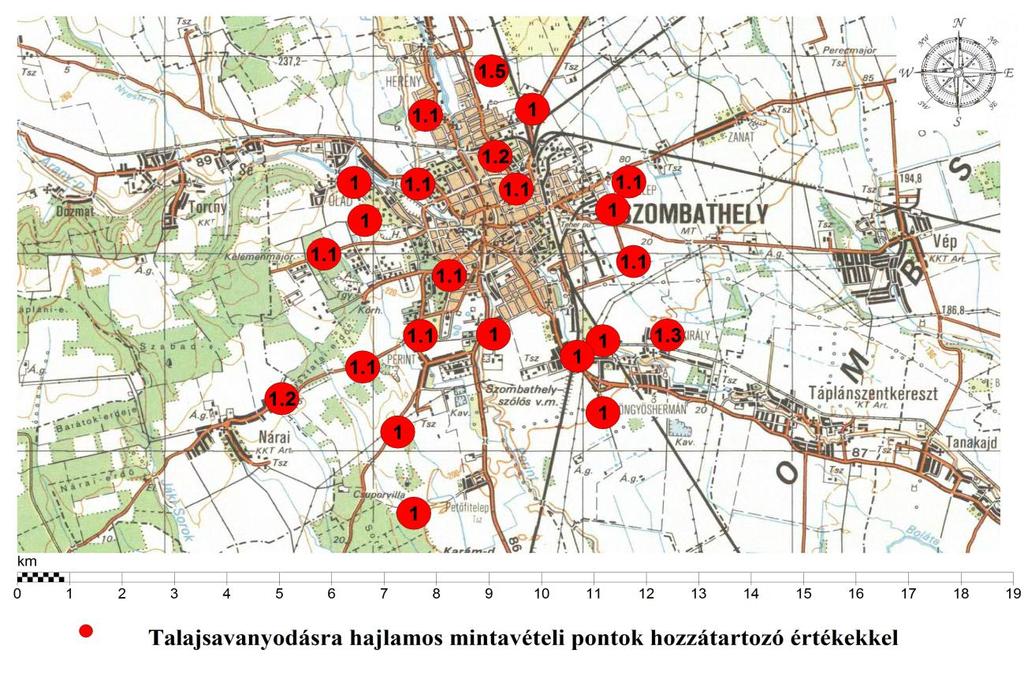 A 0-10 cm-es feltalajmintákban 6 külvárosi 2 erdő, 3 mezőgazdasági terület, 1 közlekedési zónából és 1 belvárosi patakpart szakaszról származó minta haladta meg az 1-et, ráadásul az egyik erdei