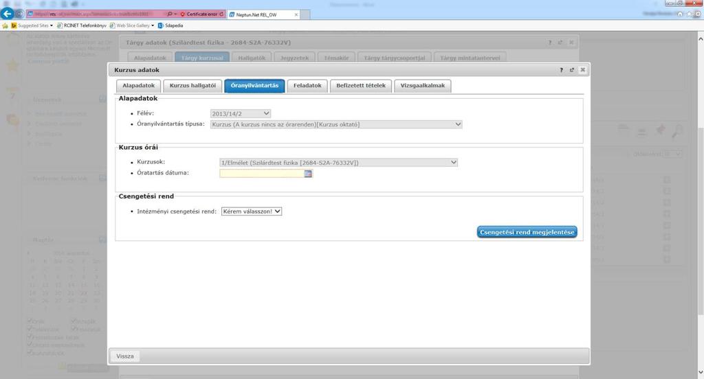 Oktatás/Kurzusok felületen a kiválasztott kurzus Lehetőségek menüből kiválasztva az