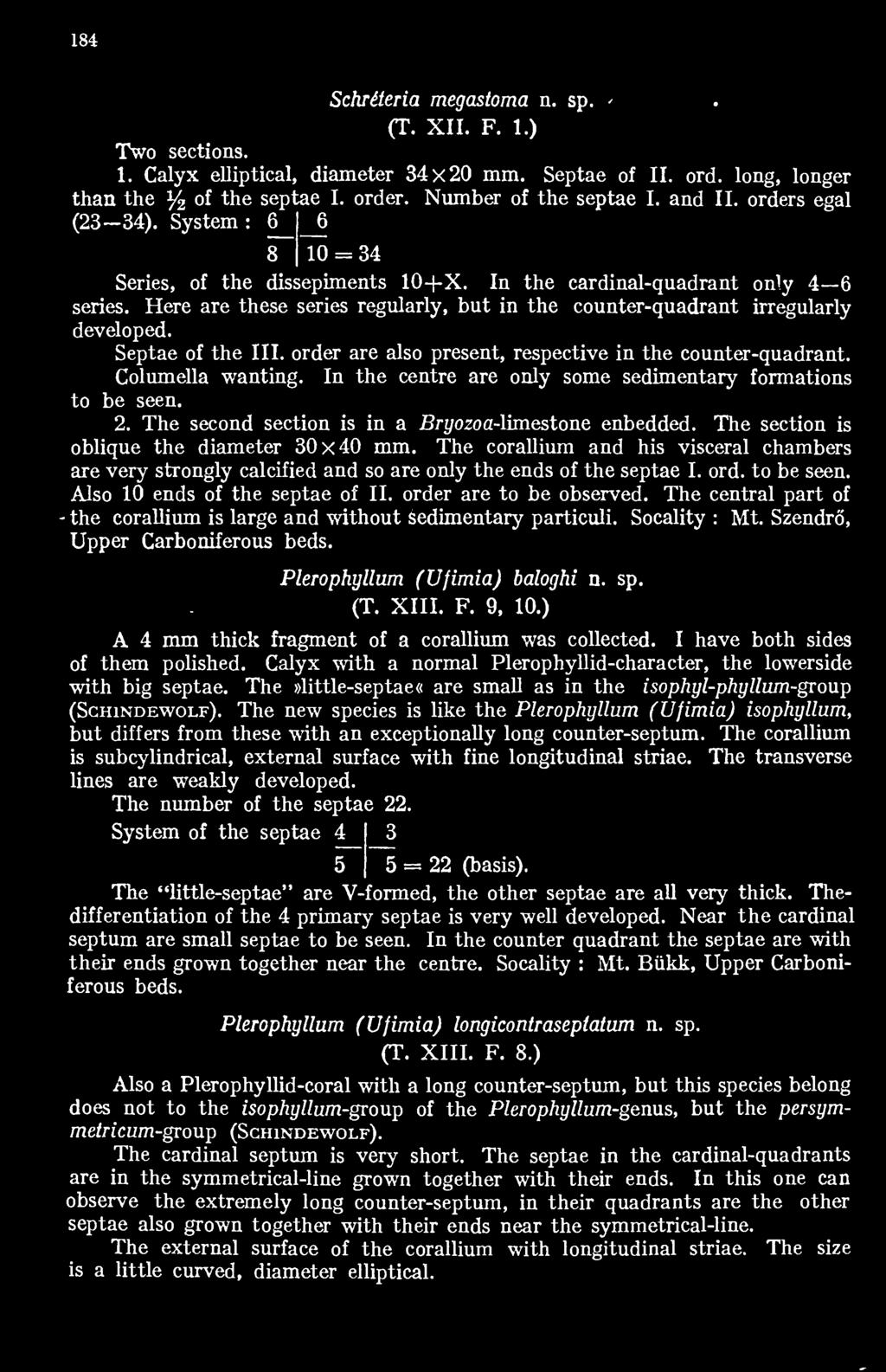 The corallium and his visceral chambers are very strongly calcified and so are only the ends of the septae I. ord. to be seen. Alsó 10 ends of the septae of II. order are to be observed.