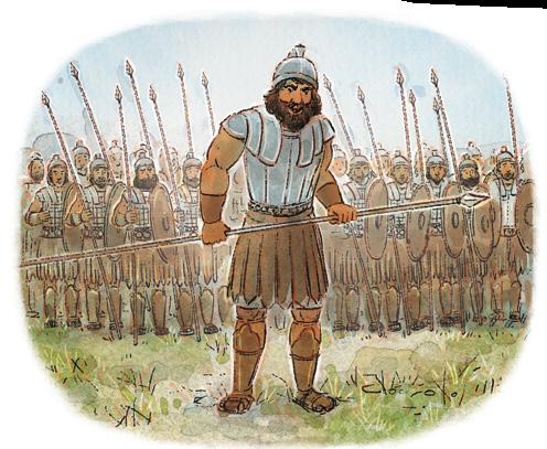 Amikor Dávid odaért, látott egy óriási katonát, akit Góliátnak hívtak.