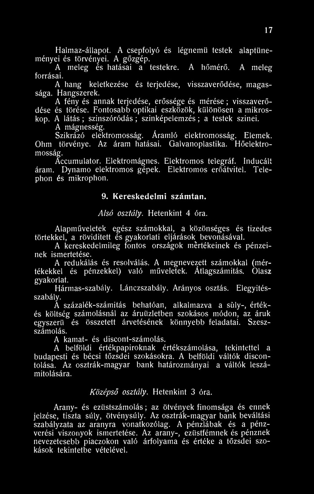 A látás; szinszóródás; színképelemzés; a testek szinei. A mágnesség. Szikrázó elektromosság. Áramló elektromosság. Elemek. Ohm törvénye. Az áram hatásai. Galvanoplastika. Hőelektromosság. Accumulator.