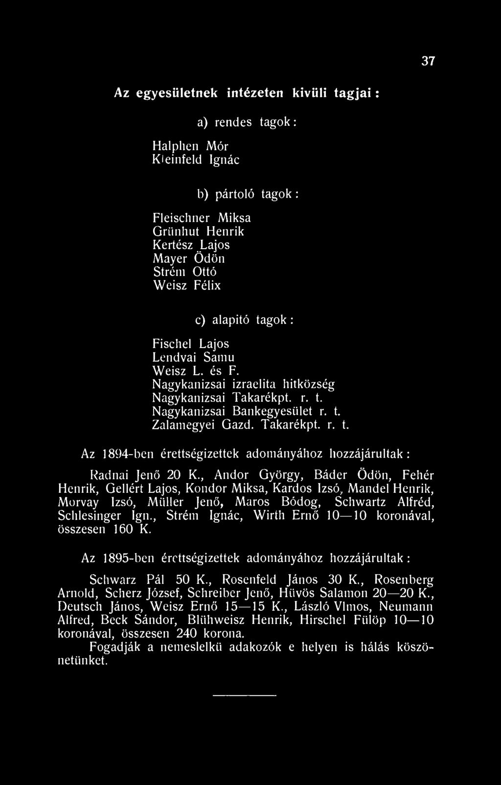 , Andor György, Báder Ödön, Fehér Henrik, Gellért Lajos, Kondor Miksa, Kardos Izsó, Mandel Henrik, Morvay Izsó, AAii 11 er Jenő, Maros Bódog, Schwartz Alfréd, Sclilesinger Ign.